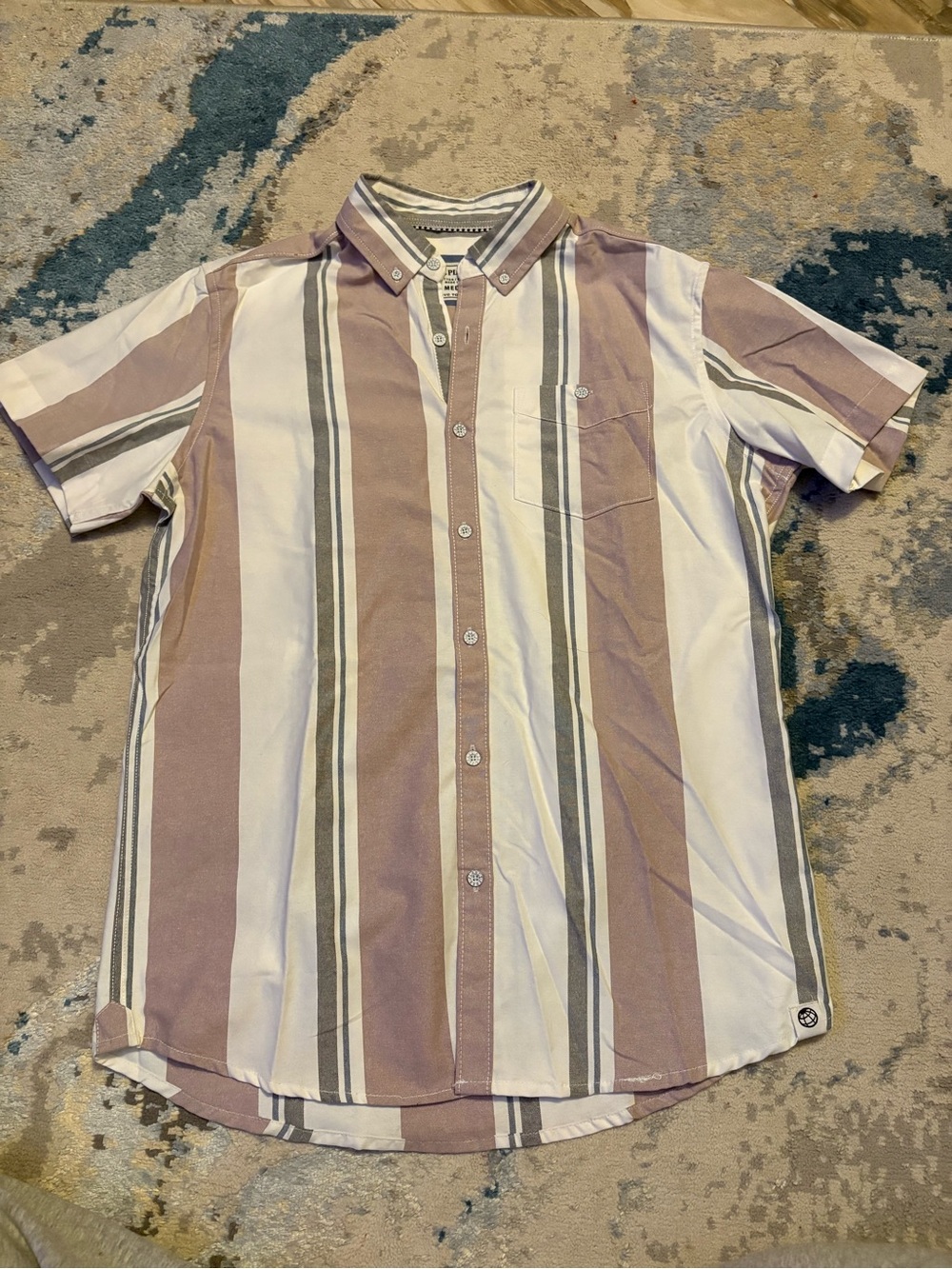 Free Planet Short-Sleeve Vertical Stripe Button-Down Shirt - Cream & Taupe